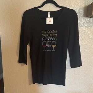Chic Black Long Sleeve Top with Wine Glasses Design